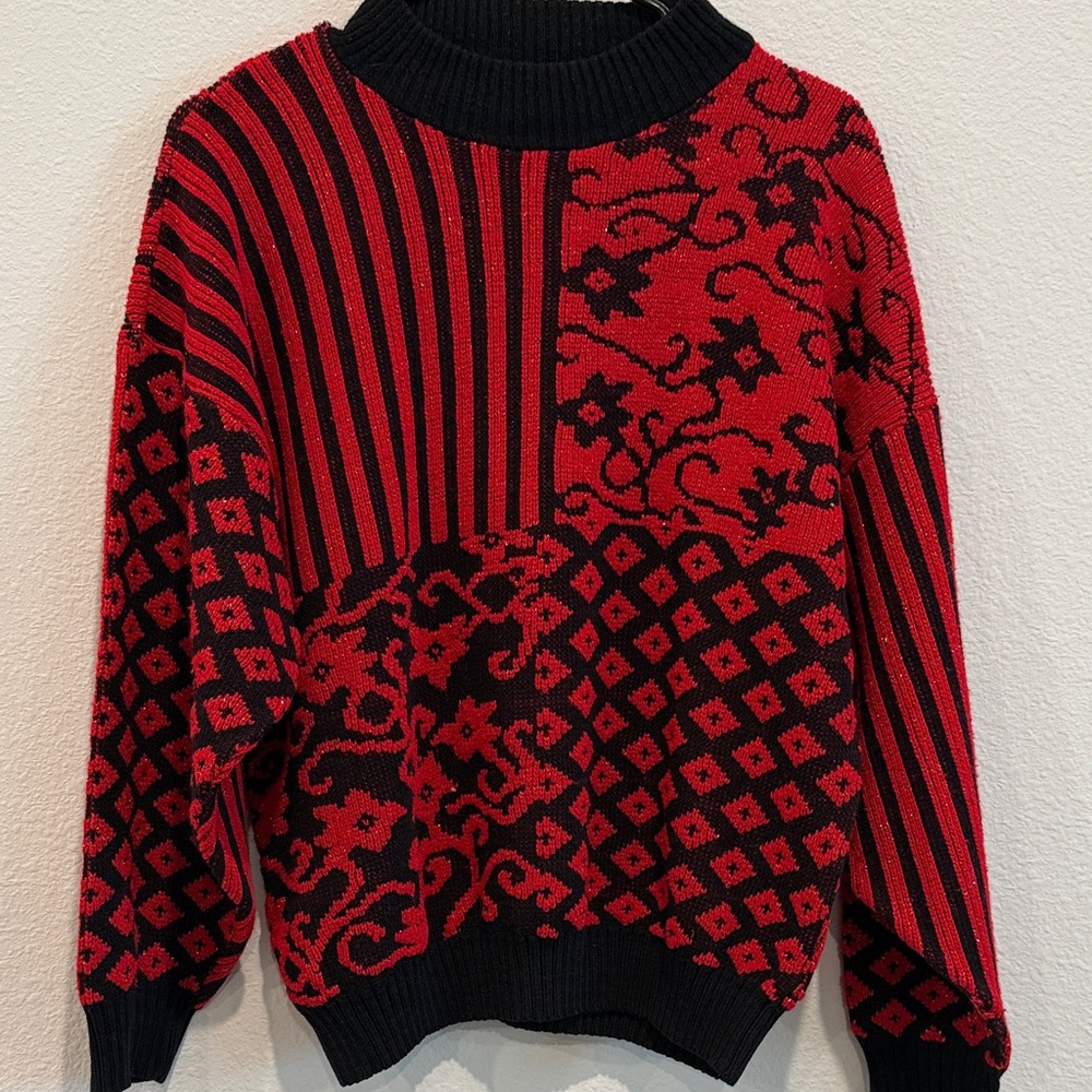 Red and Black Patterned Women's Sweater